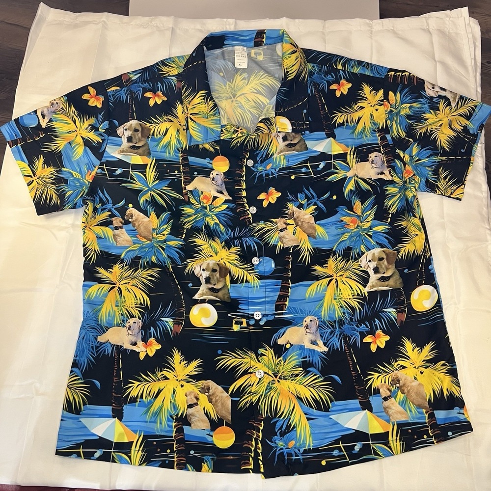 Hawaiian Shirt with Golden Retriever Size Xl Palm Tree Print Short Sleeve Men's